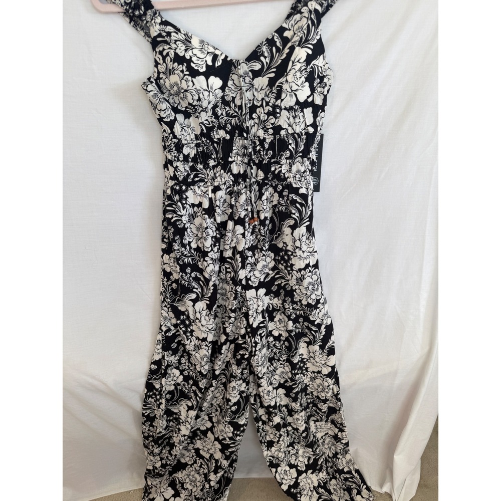 As U Wish Women Black White Floral Jumpsuit Smocked Wide Leg Pockets M
